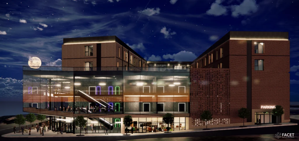 Exterior night concept rendering of Jefferson City Conference, Hotel, and Retail